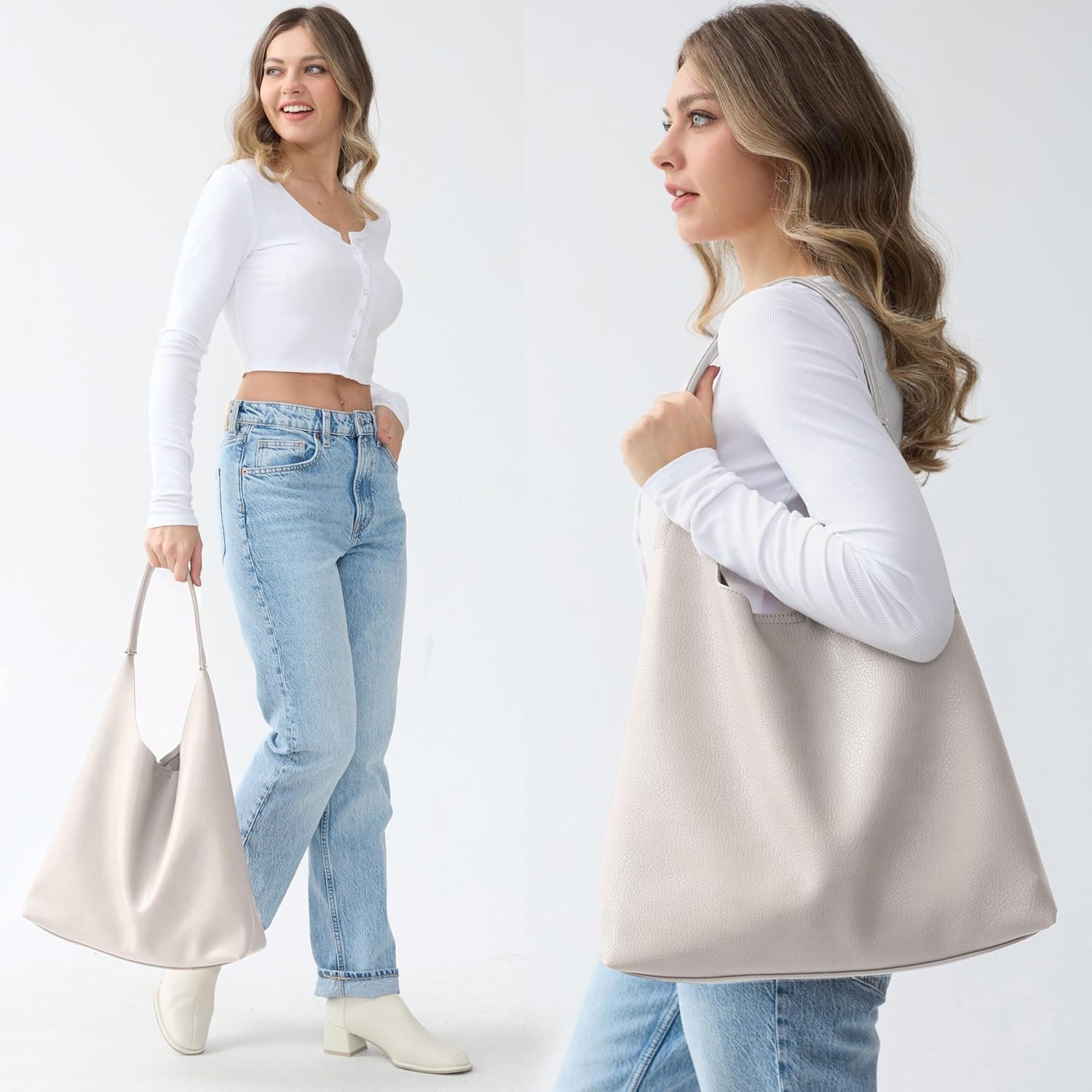 image:imageHobo Bags for Women Soft Vegan Leather Shoulder Handbag Slouchy Tote PursesBeige