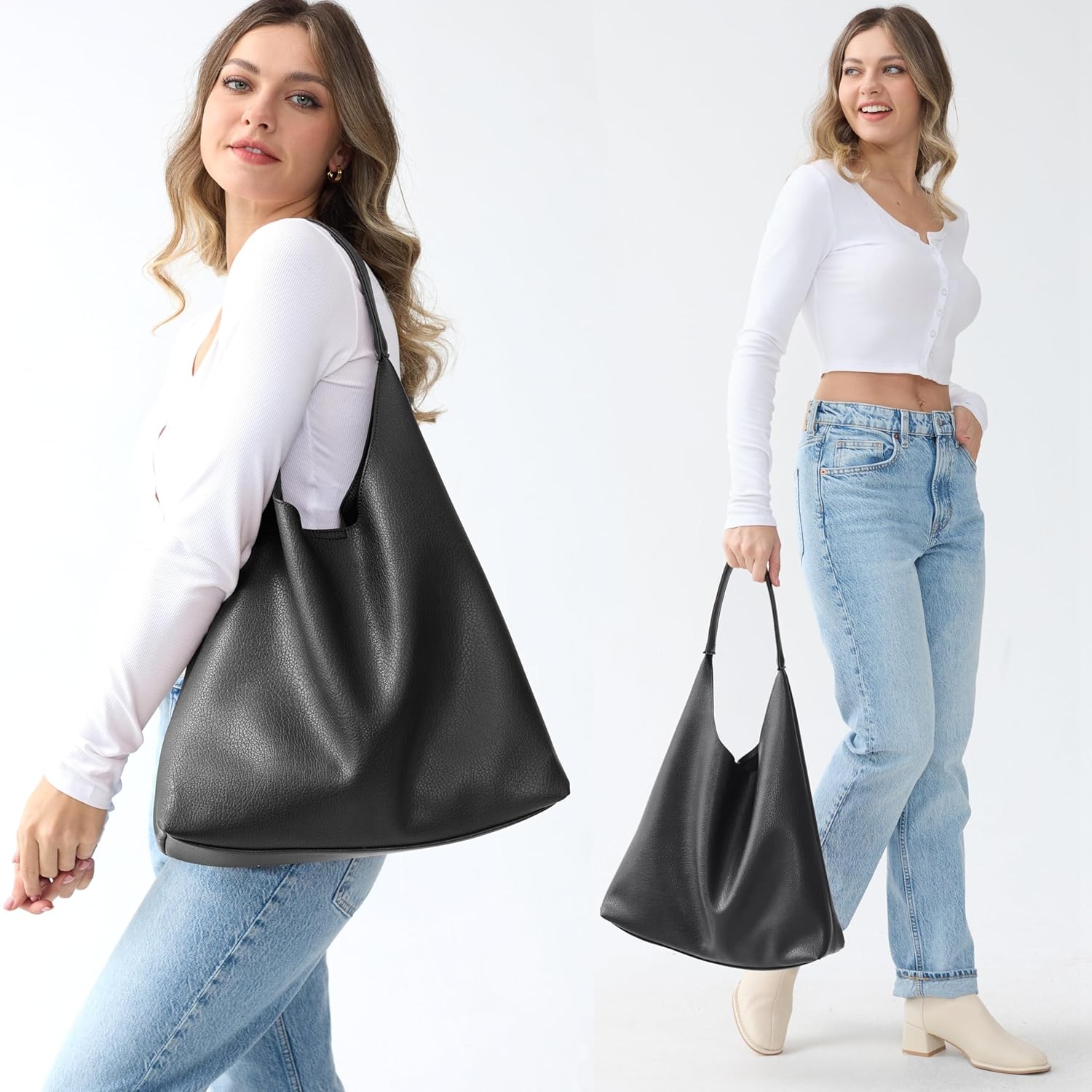 image:imageHobo Bags for Women Soft Vegan Leather Shoulder Handbag Slouchy Tote PursesBlack