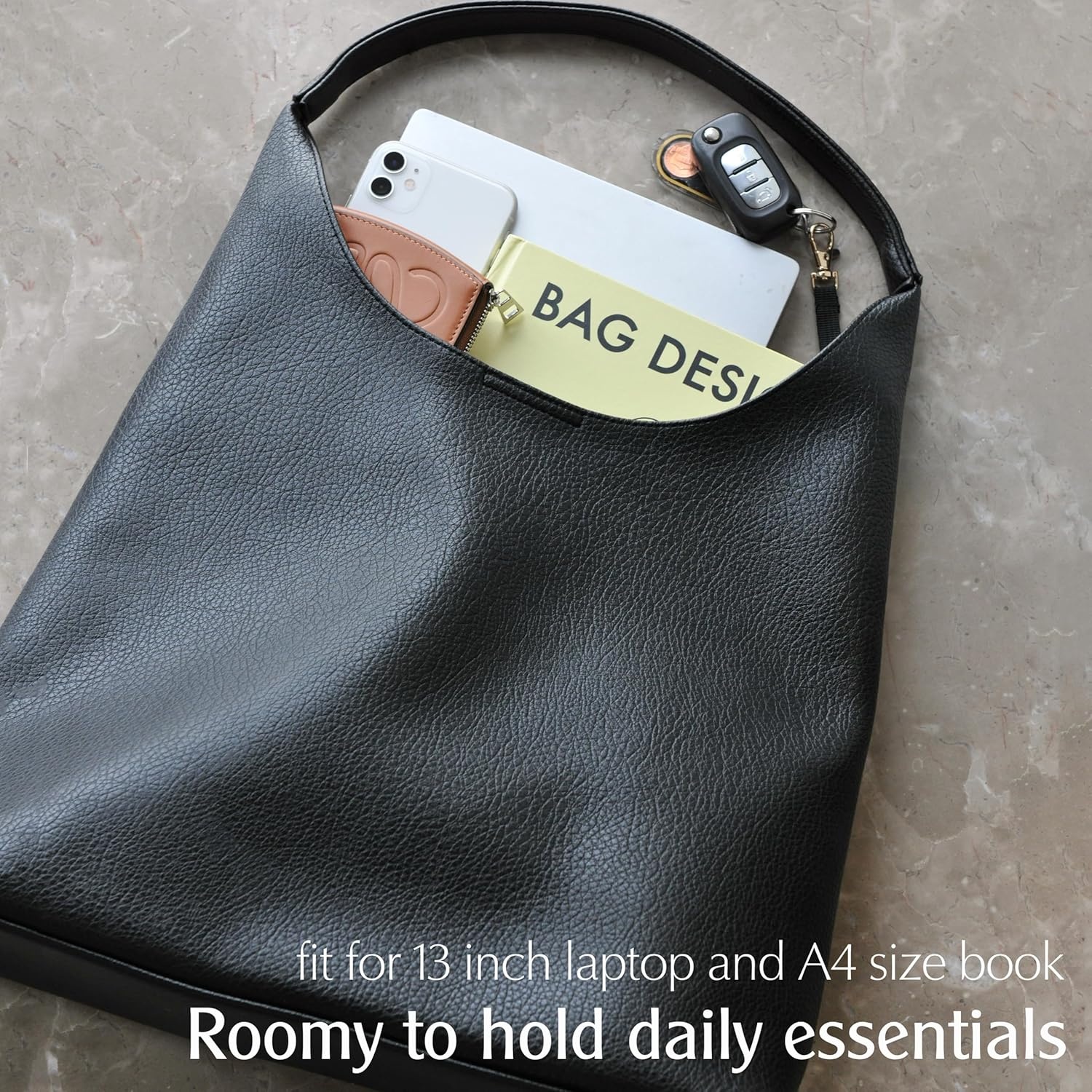 image:imageHobo Bags for Women Soft Vegan Leather Shoulder Handbag Slouchy Tote PursesBlack