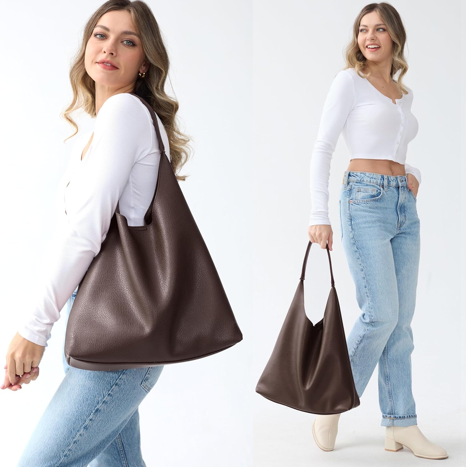 image:imageHobo Bags for Women Soft Vegan Leather Shoulder Handbag Slouchy Tote PursesCoffee