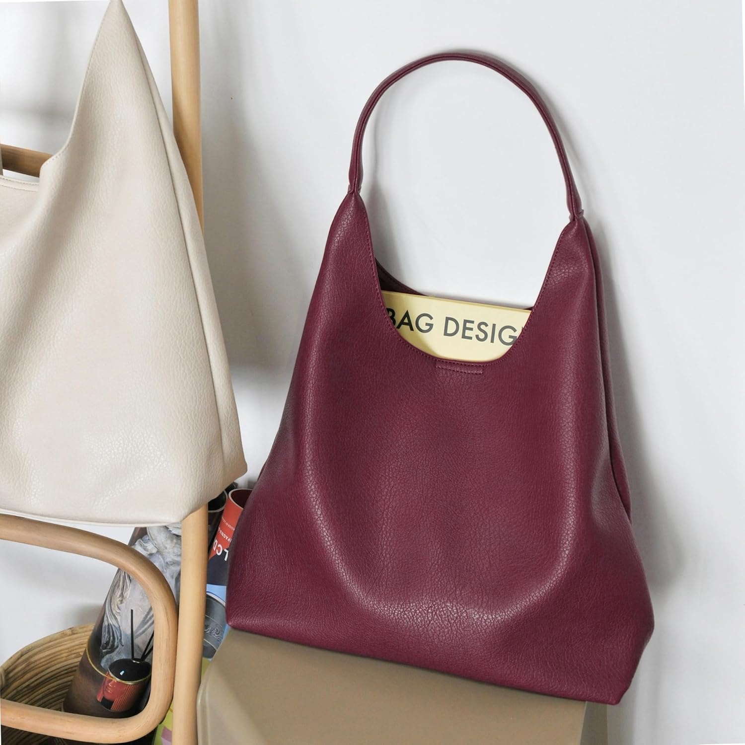 image:imageHobo Bags for Women Soft Vegan Leather Shoulder Handbag Slouchy Tote PursesDark Red
