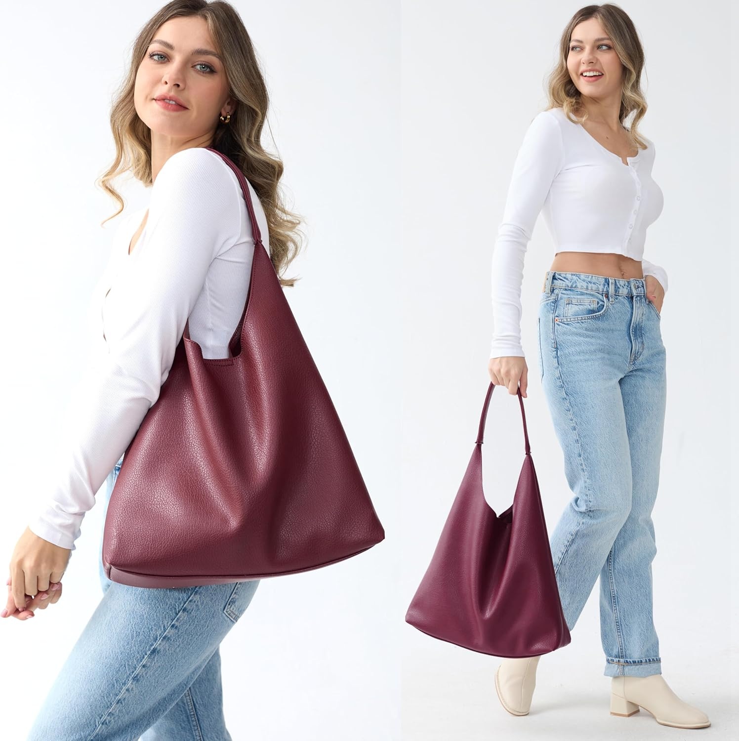 image:imageHobo Bags for Women Soft Vegan Leather Shoulder Handbag Slouchy Tote PursesDark Red