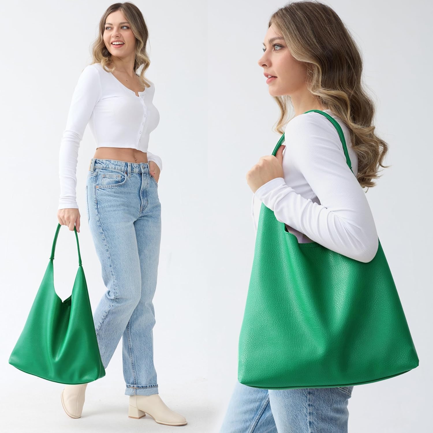 image:imageHobo Bags for Women Soft Vegan Leather Shoulder Handbag Slouchy Tote PursesGreen