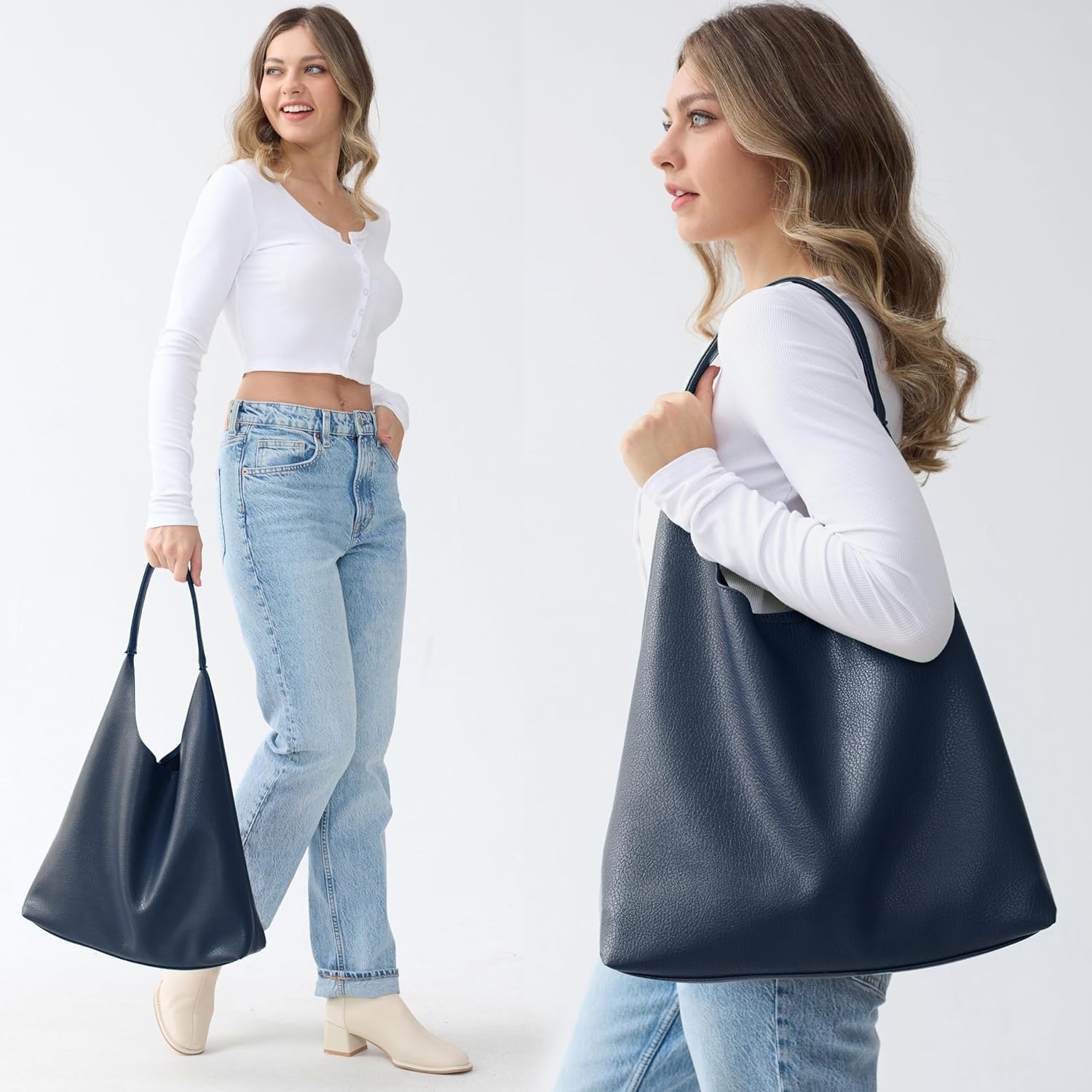 image:imageHobo Bags for Women Soft Vegan Leather Shoulder Handbag Slouchy Tote PursesNavy Blue