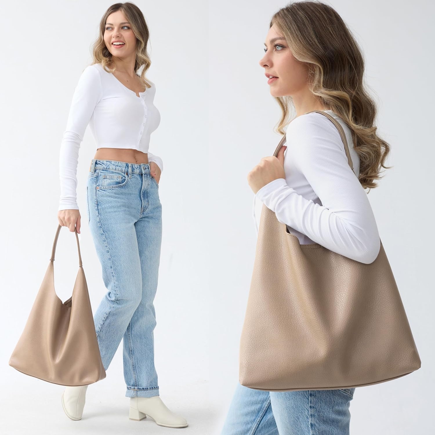 image:imageHobo Bags for Women Soft Vegan Leather Shoulder Handbag Slouchy Tote PursesNude