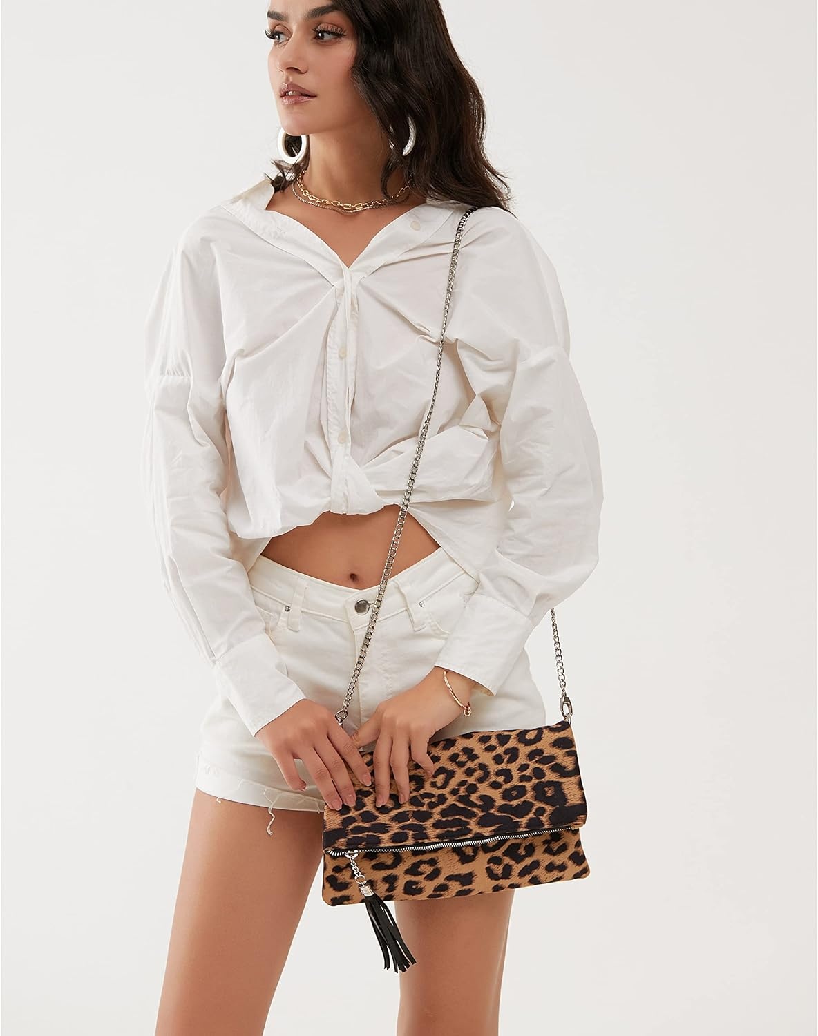image:imageLeopard Zipper Foldover Clutch Envelope Purse Women Cross body Bag with Chain StrapLeopard