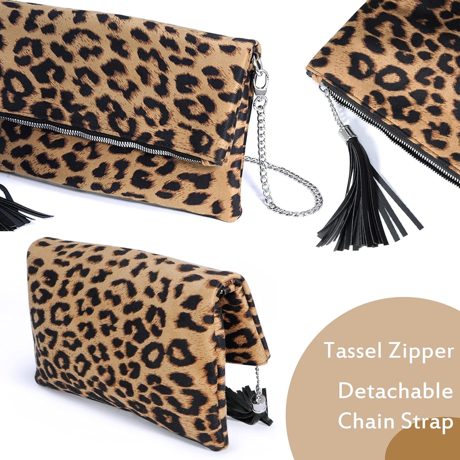 image:imageLeopard Zipper Foldover Clutch Envelope Purse Women Cross body Bag with Chain StrapLeopard