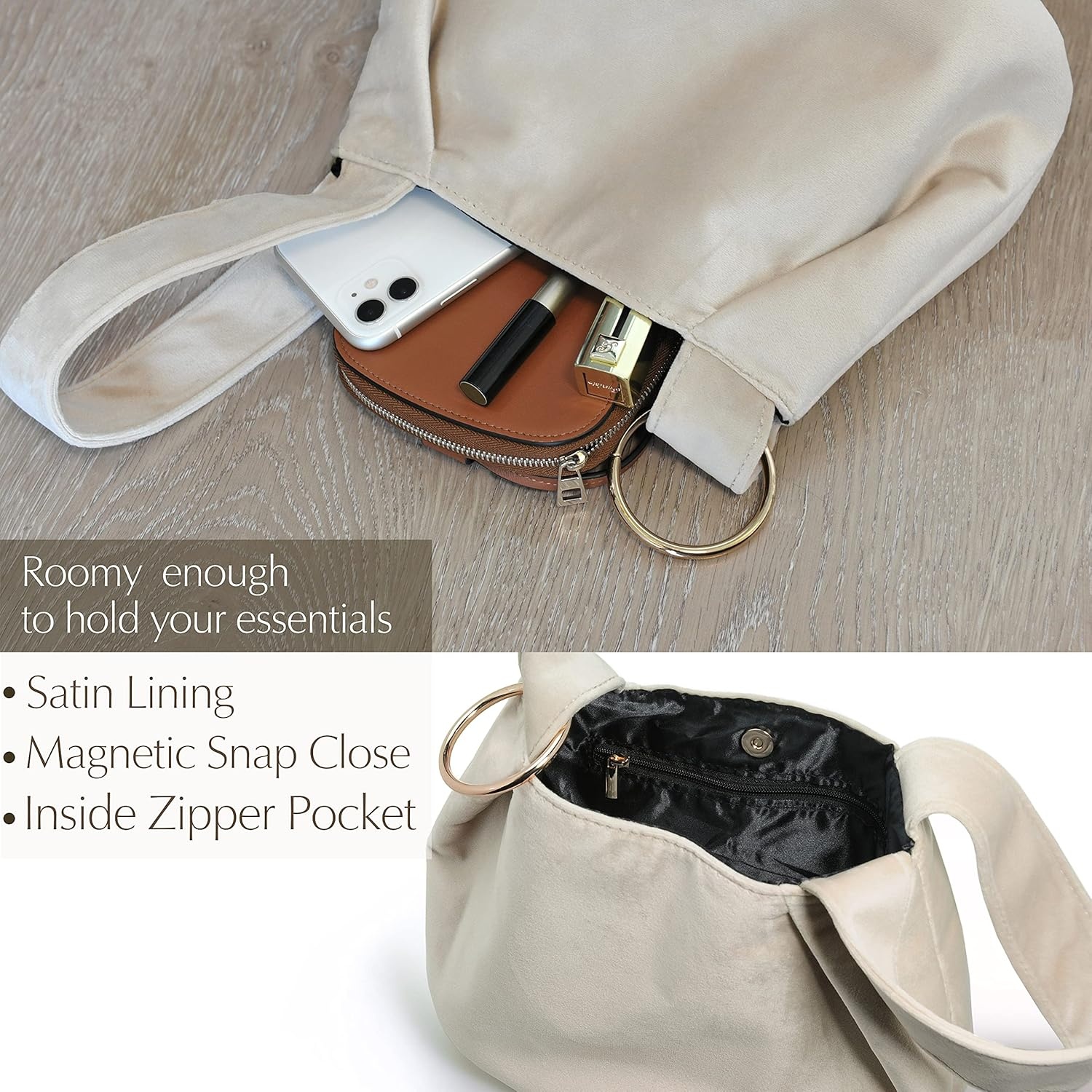 image:imageWomen Clutch Velvet Top Handle Bag Wristlet Small Tote PurseBeige