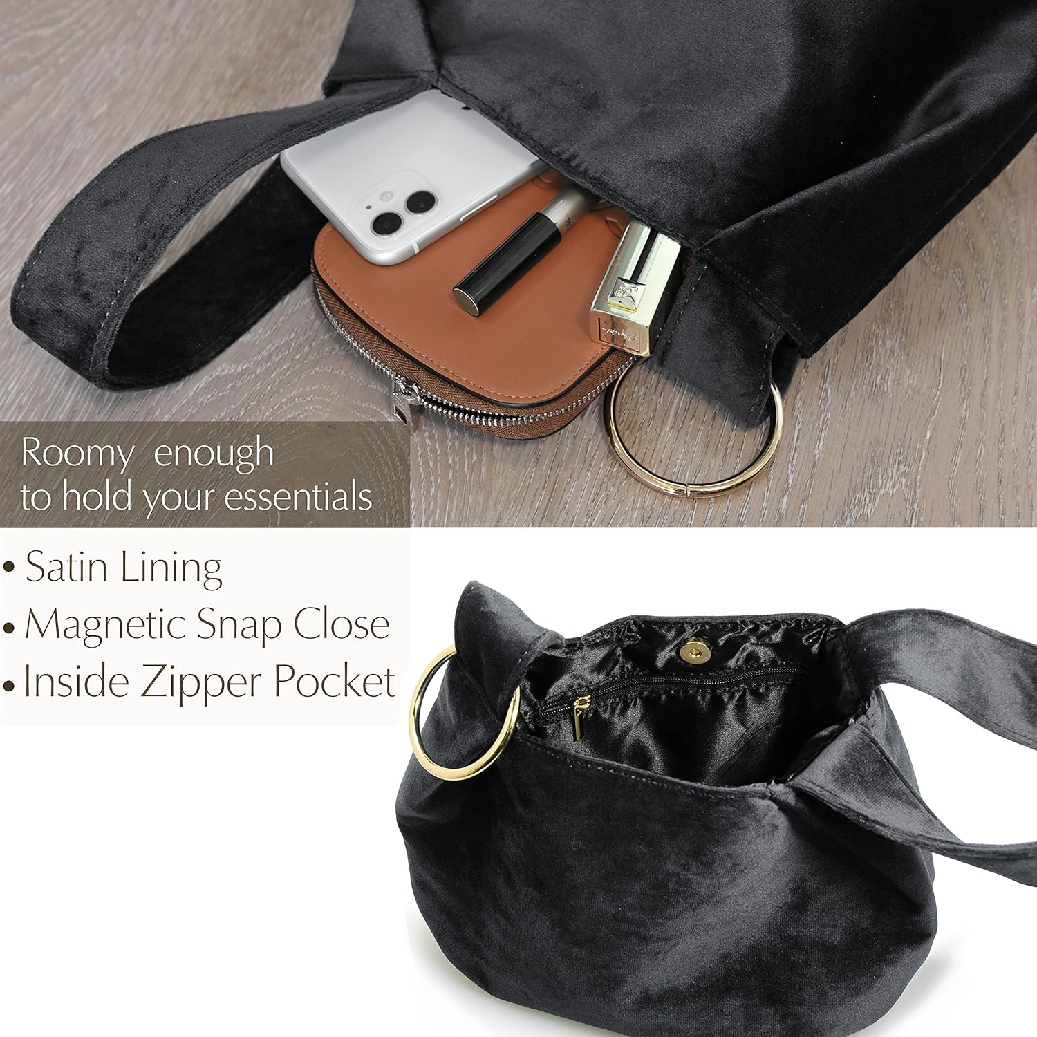 image:imageWomen Clutch Velvet Top Handle Bag Wristlet Small Tote PurseBlack