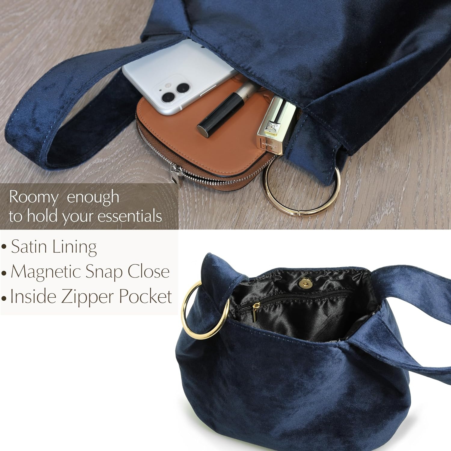 image:imageWomen Clutch Velvet Top Handle Bag Wristlet Small Tote PurseDark Blue