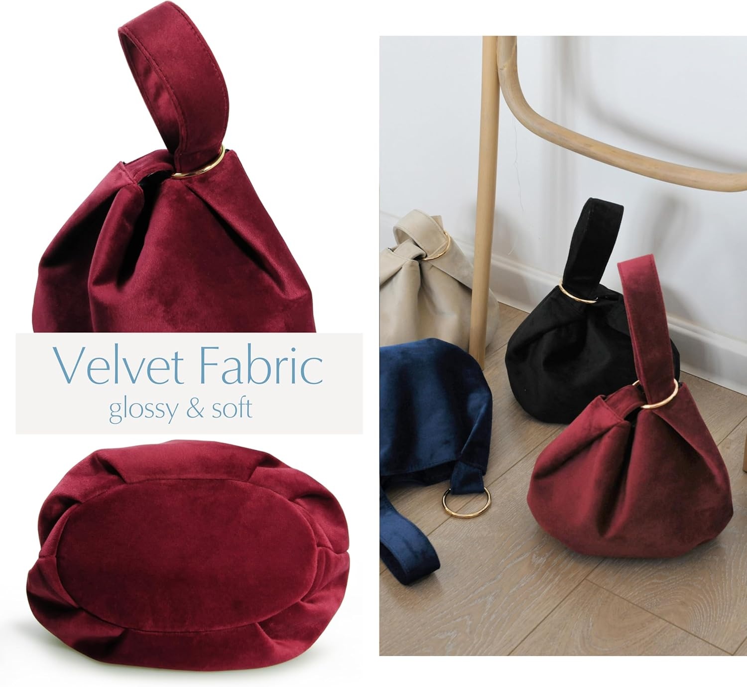 image:imageWomen Clutch Velvet Top Handle Bag Wristlet Small Tote PurseDark Red