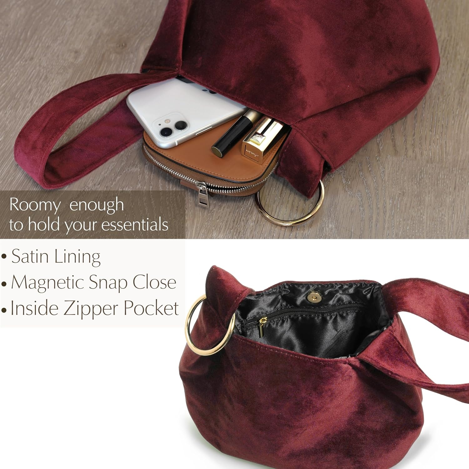image:imageWomen Clutch Velvet Top Handle Bag Wristlet Small Tote PurseDark Red