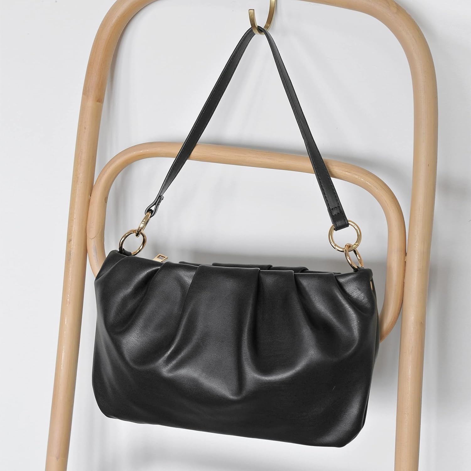 image:imageWomen Ruched Shoulder Handbag Cloud Pouch Hobo Bag Convertible Clutch Soft Vegan Leather Cross body BagBlack