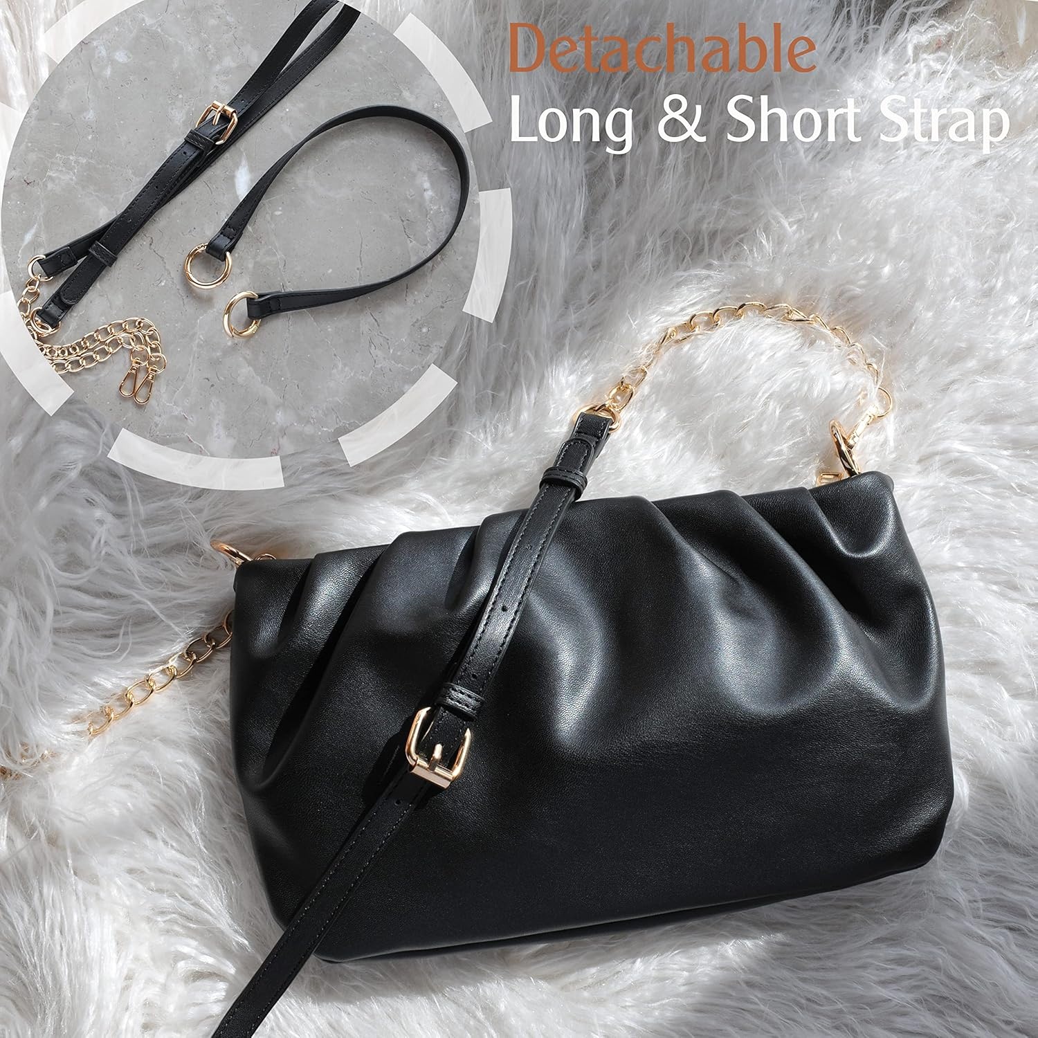 image:imageWomen Ruched Shoulder Handbag Cloud Pouch Hobo Bag Convertible Clutch Soft Vegan Leather Cross body BagBlack