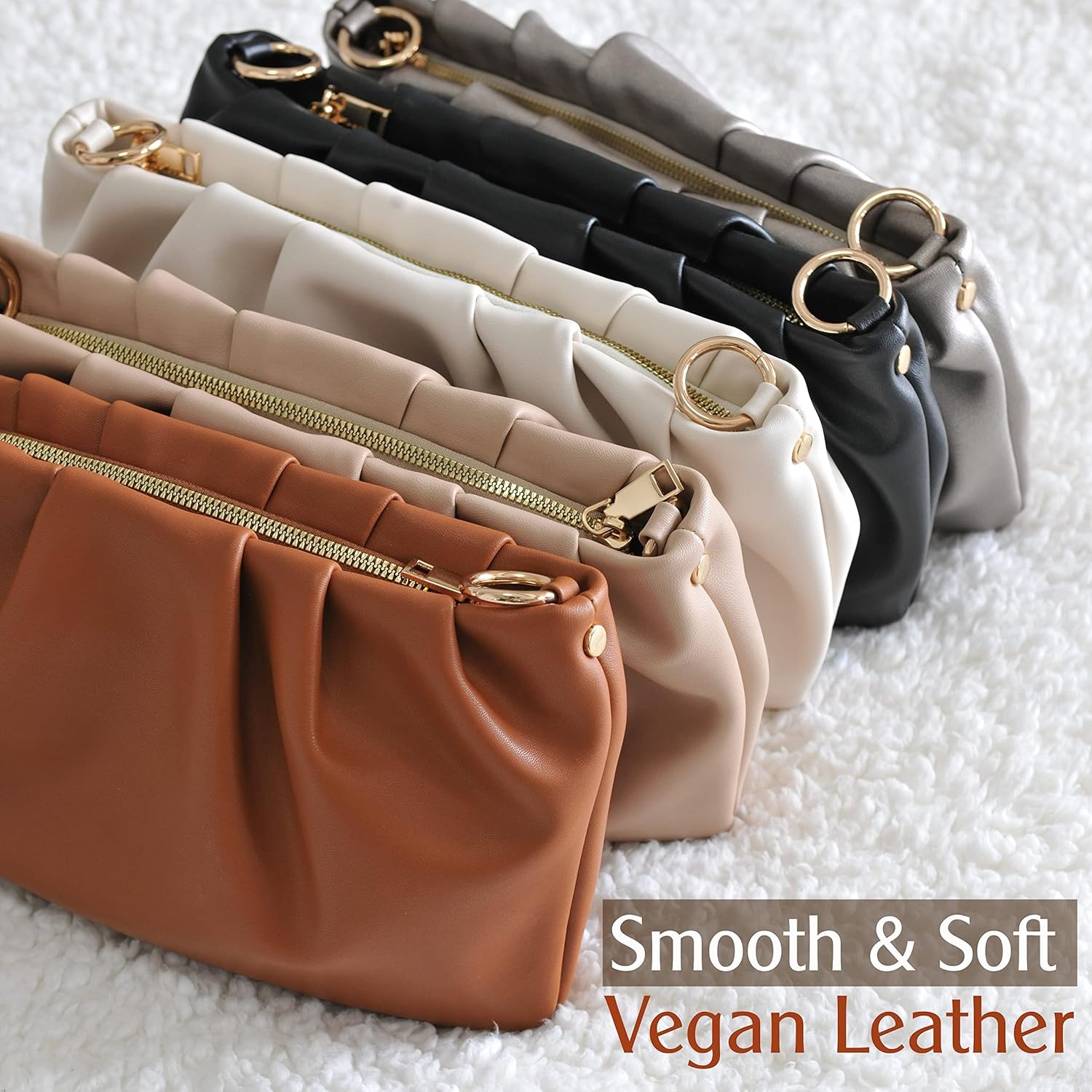 image:imageWomen Ruched Shoulder Handbag Cloud Pouch Hobo Bag Convertible Clutch Soft Vegan Leather Cross body BagBlack