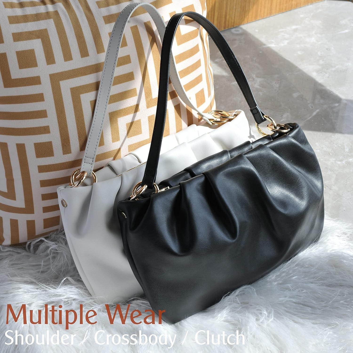 image:imageWomen Ruched Shoulder Handbag Cloud Pouch Hobo Bag Convertible Clutch Soft Vegan Leather Cross body BagBlack