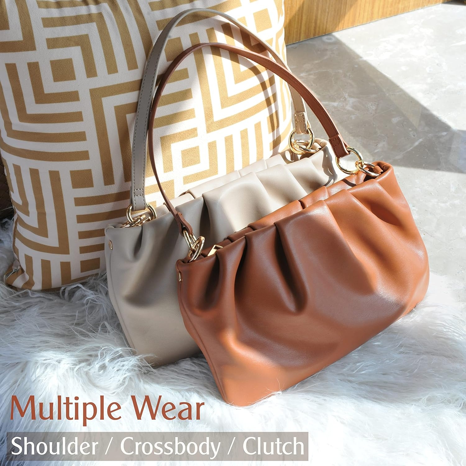 image:imageWomen Ruched Shoulder Handbag Cloud Pouch Hobo Bag Convertible Clutch Soft Vegan Leather Cross body BagBrown