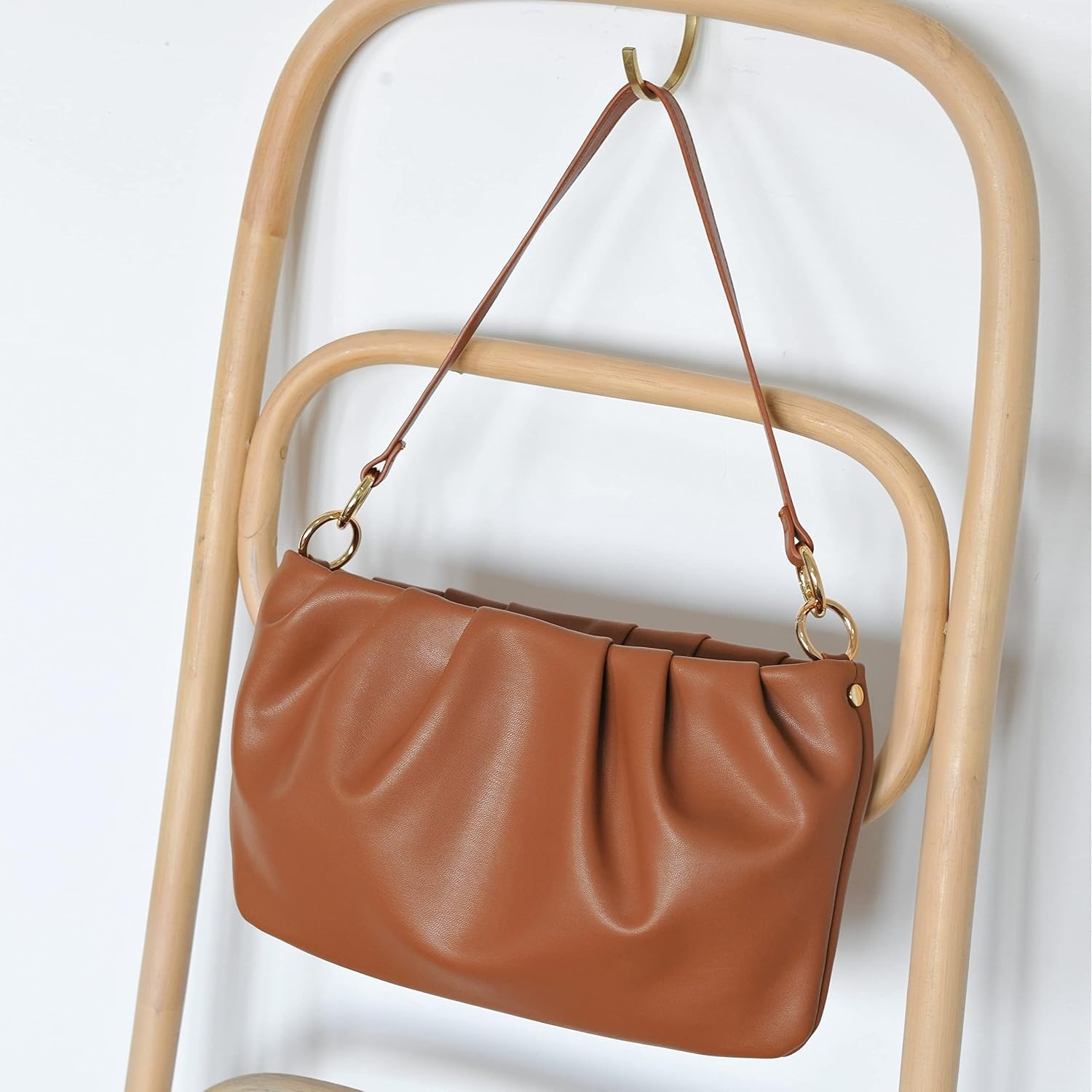 image:imageWomen Ruched Shoulder Handbag Cloud Pouch Hobo Bag Convertible Clutch Soft Vegan Leather Cross body BagBrown