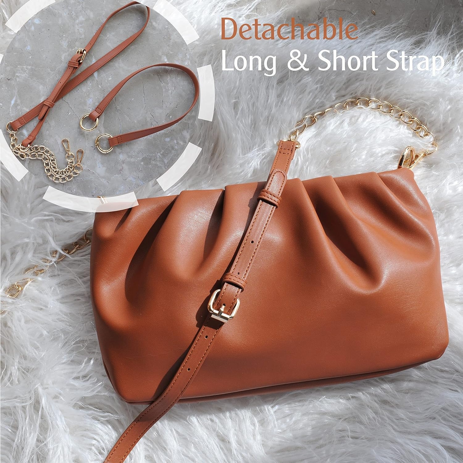 image:imageWomen Ruched Shoulder Handbag Cloud Pouch Hobo Bag Convertible Clutch Soft Vegan Leather Cross body BagBrown