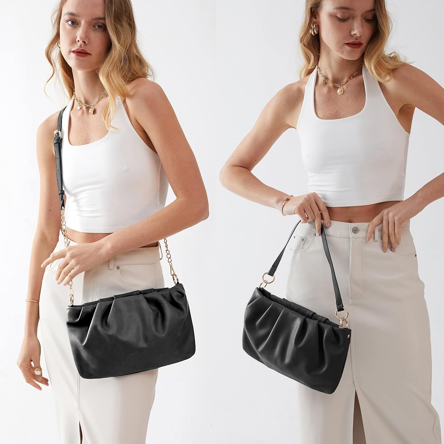 image:imageWomen Ruched Shoulder Handbag Cloud Pouch Hobo Bag Convertible Clutch Soft Vegan Leather Cross body BagBrown