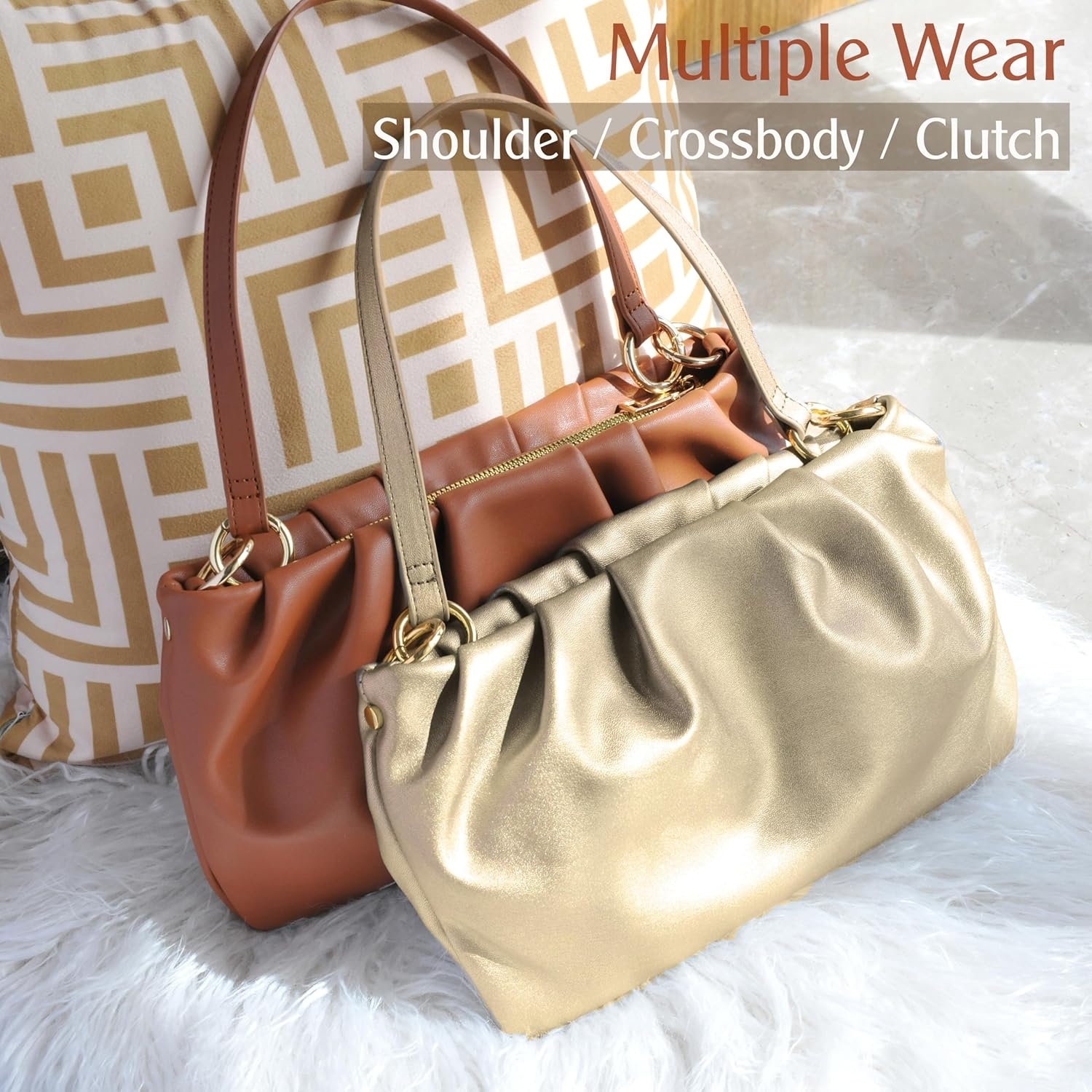 image:imageWomen Ruched Shoulder Handbag Cloud Pouch Hobo Bag Convertible Clutch Soft Vegan Leather Cross body BagGolden