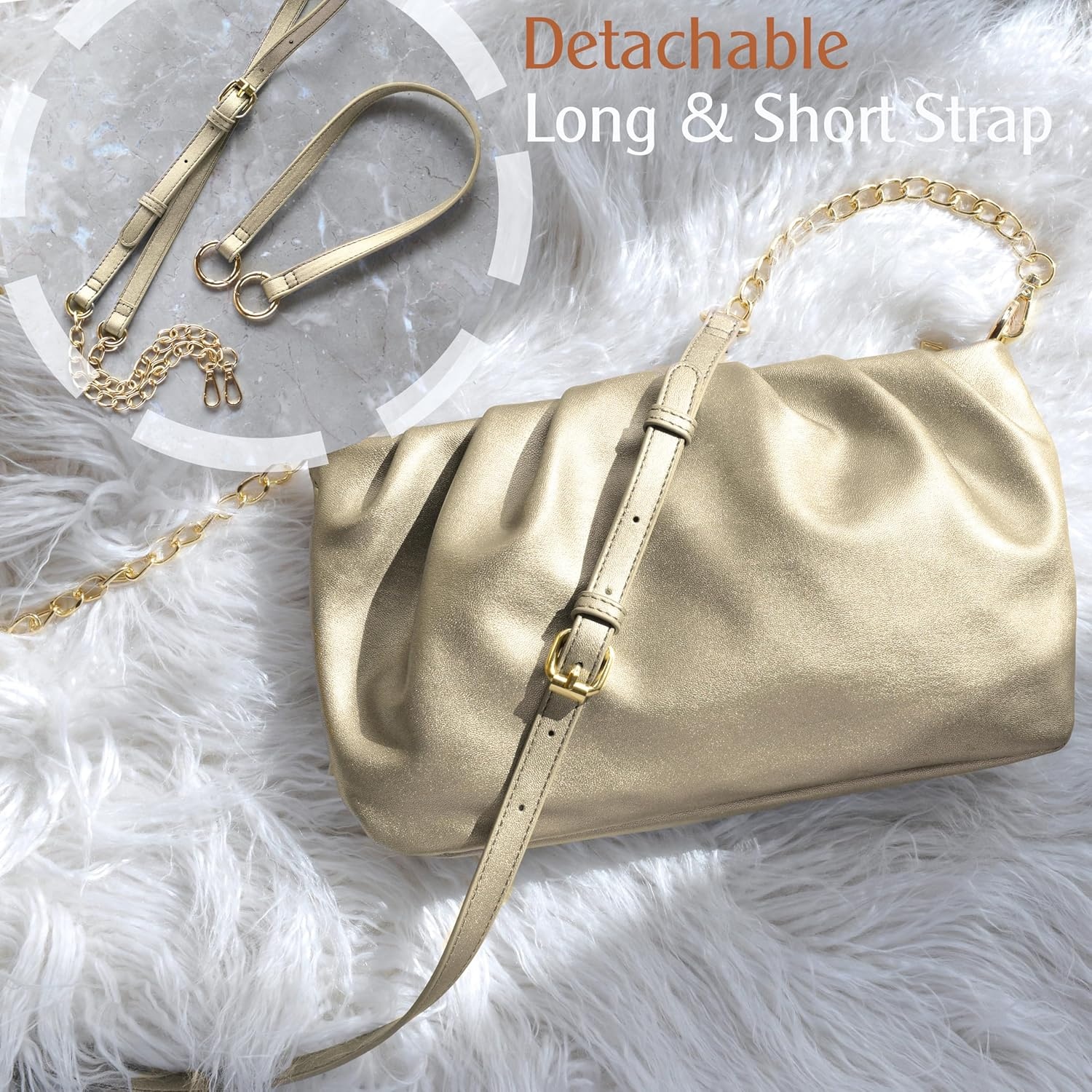 image:imageWomen Ruched Shoulder Handbag Cloud Pouch Hobo Bag Convertible Clutch Soft Vegan Leather Cross body BagGolden