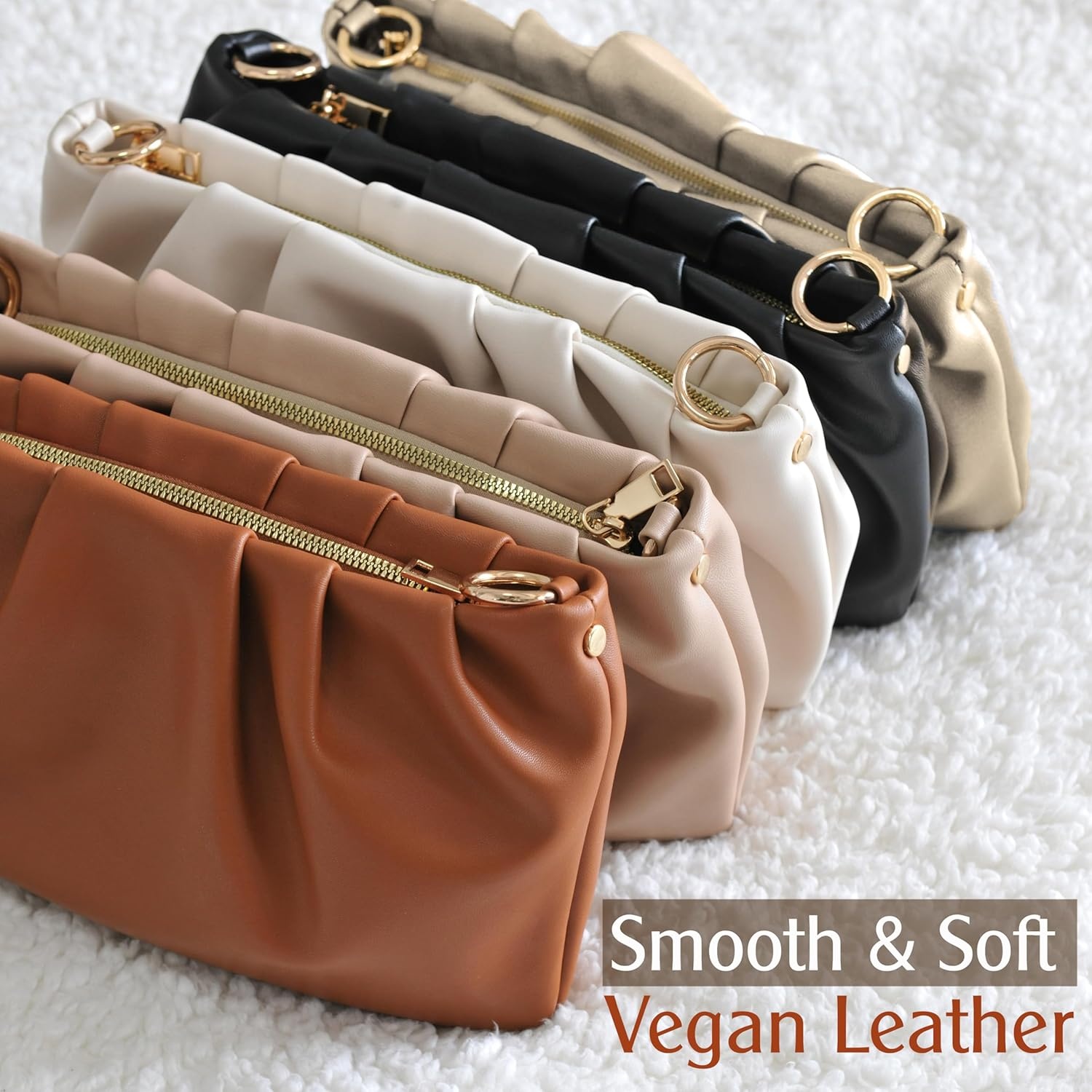image:imageWomen Ruched Shoulder Handbag Cloud Pouch Hobo Bag Convertible Clutch Soft Vegan Leather Cross body BagGolden