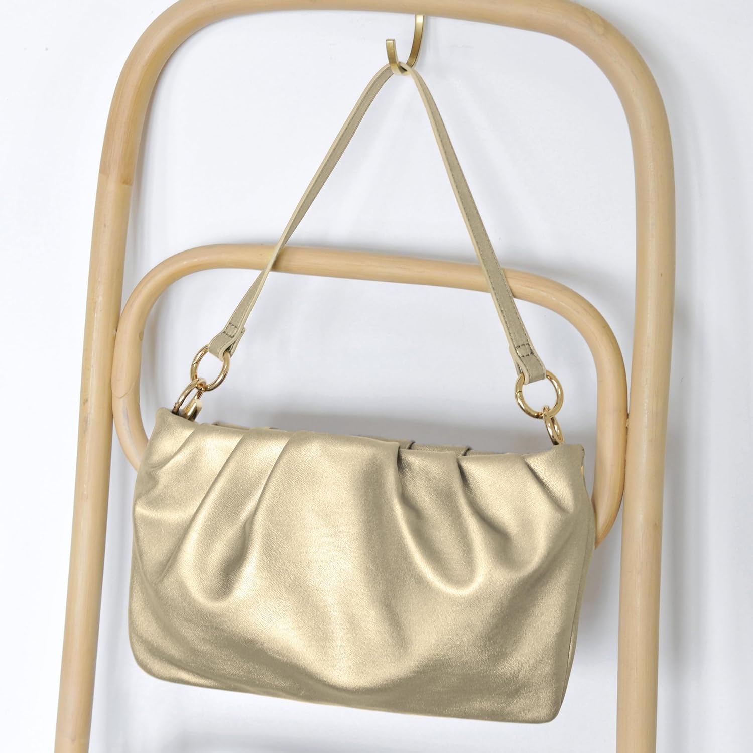 image:imageWomen Ruched Shoulder Handbag Cloud Pouch Hobo Bag Convertible Clutch Soft Vegan Leather Cross body BagGolden