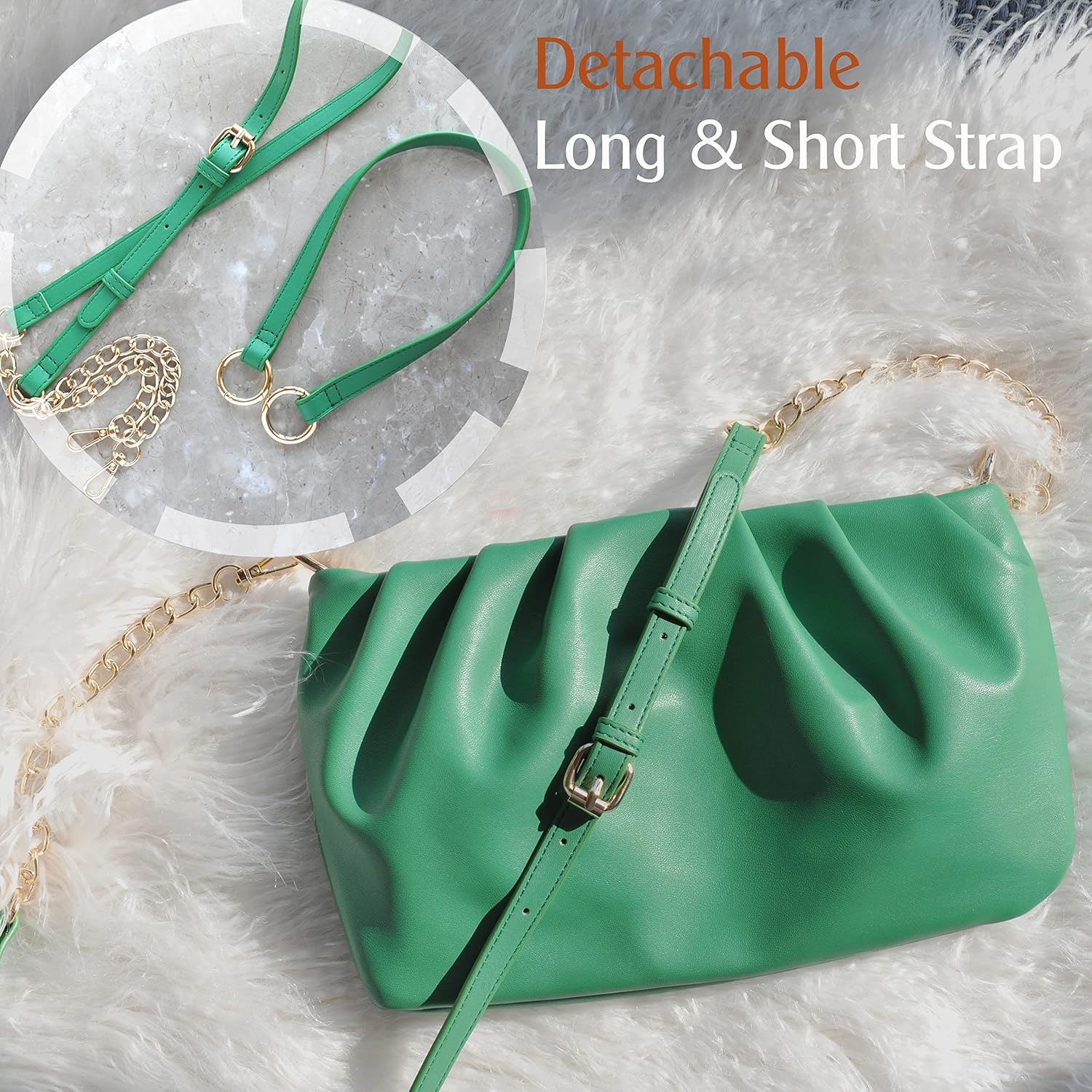 image:imageWomen Ruched Shoulder Handbag Cloud Pouch Hobo Bag Convertible Clutch Soft Vegan Leather Cross body BagGreen