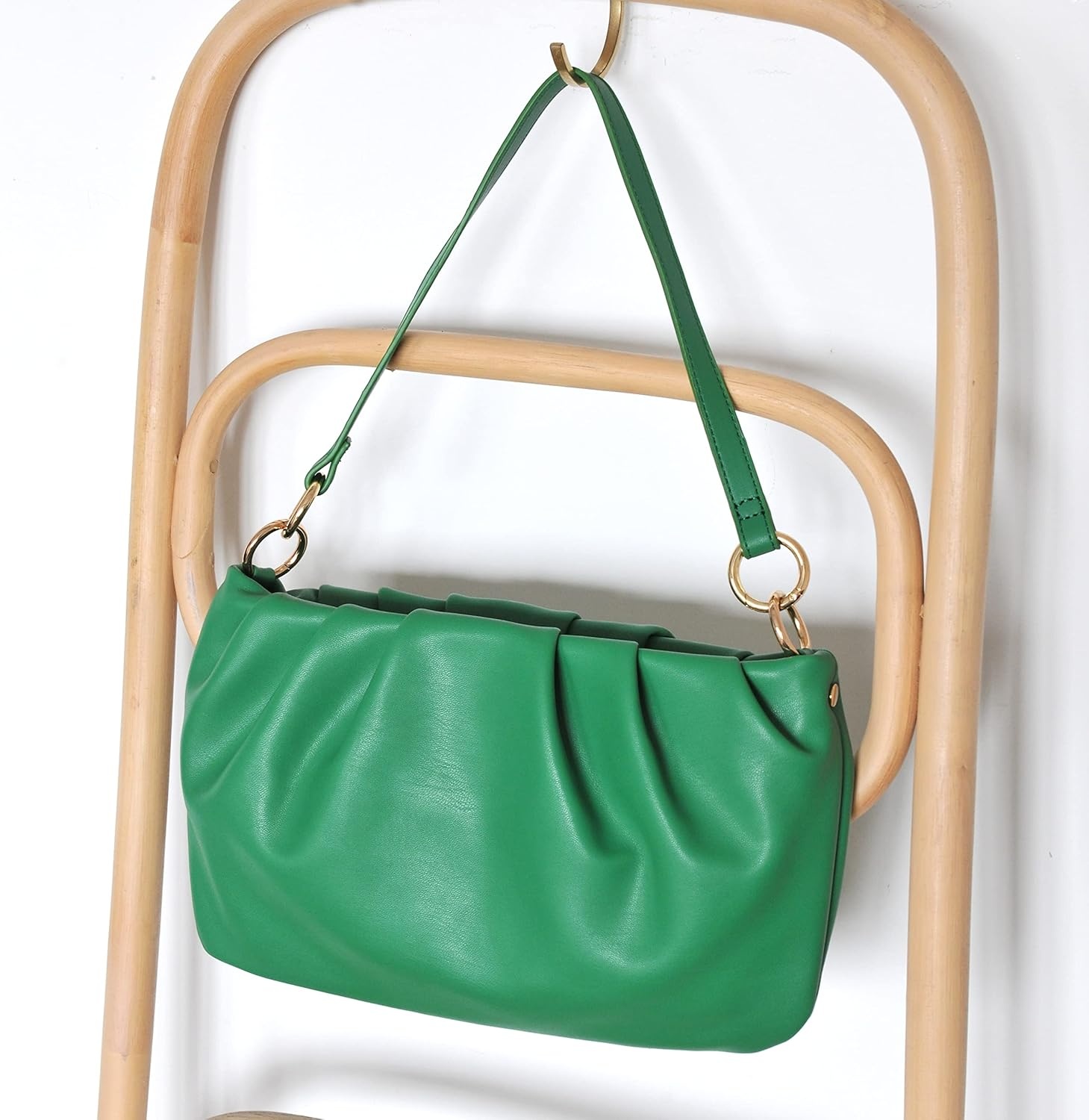 image:imageWomen Ruched Shoulder Handbag Cloud Pouch Hobo Bag Convertible Clutch Soft Vegan Leather Cross body BagGreen
