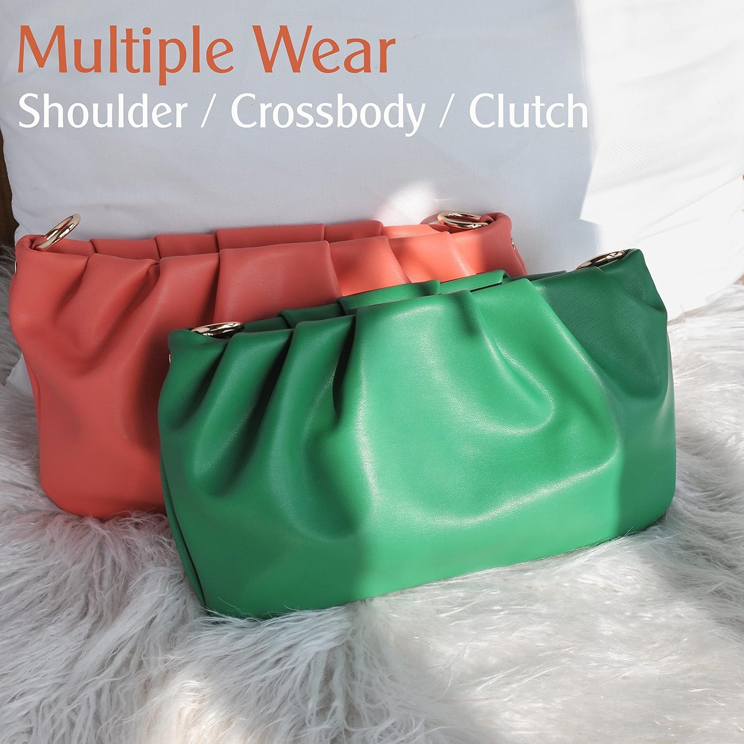 image:imageWomen Ruched Shoulder Handbag Cloud Pouch Hobo Bag Convertible Clutch Soft Vegan Leather Cross body BagGreen