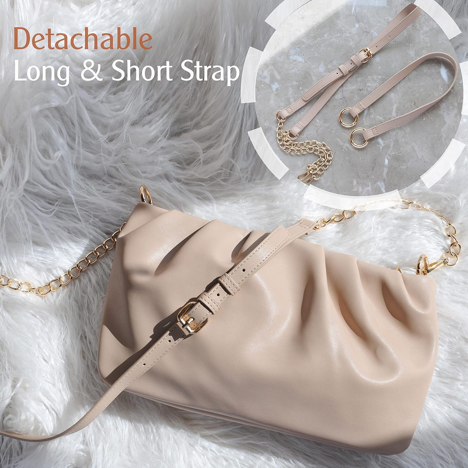 image:imageWomen Ruched Shoulder Handbag Cloud Pouch Hobo Bag Convertible Clutch Soft Vegan Leather Cross body BagNude