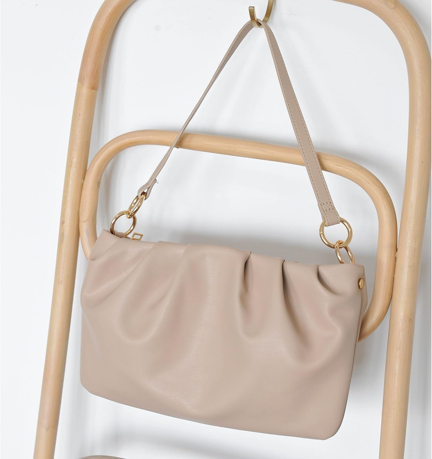 image:imageWomen Ruched Shoulder Handbag Cloud Pouch Hobo Bag Convertible Clutch Soft Vegan Leather Cross body BagNude