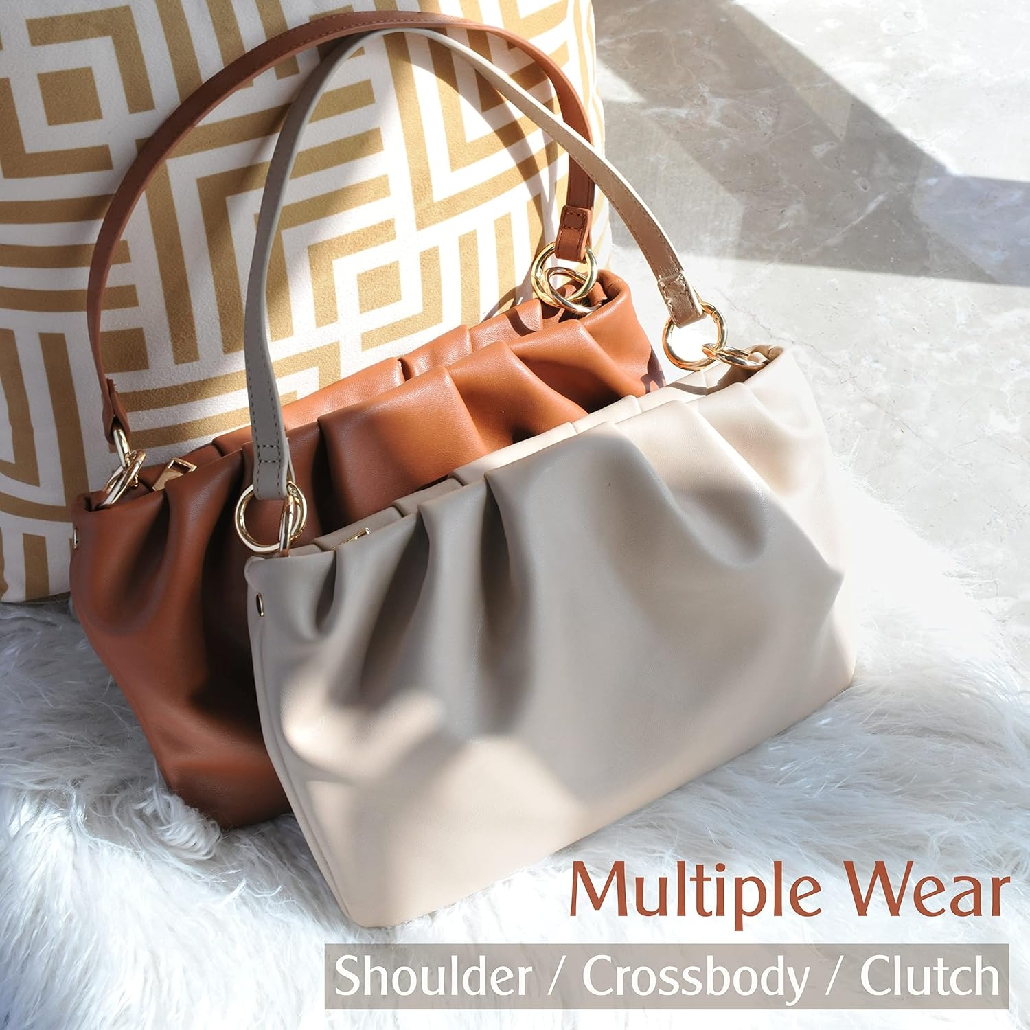 image:imageWomen Ruched Shoulder Handbag Cloud Pouch Hobo Bag Convertible Clutch Soft Vegan Leather Cross body BagNude