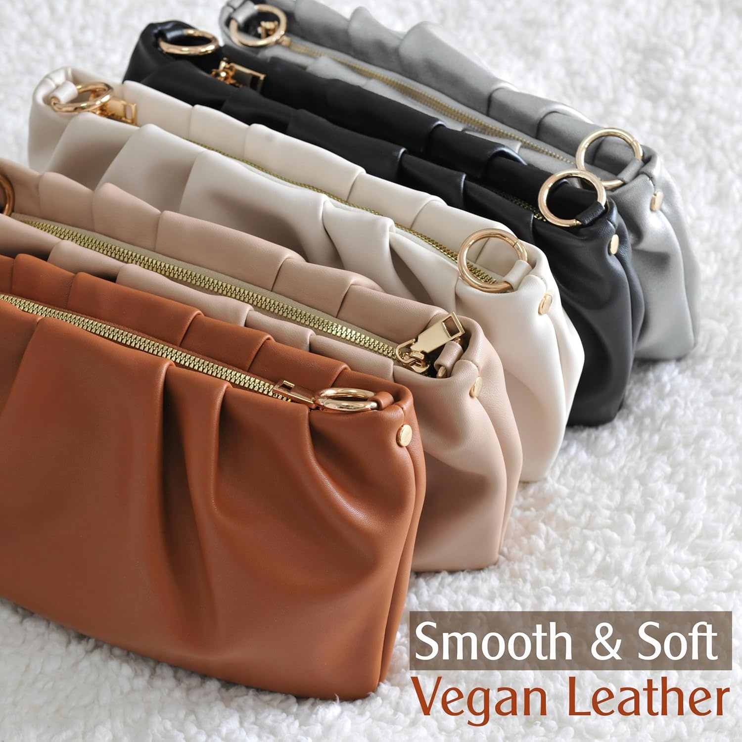 image:imageWomen Ruched Shoulder Handbag Cloud Pouch Hobo Bag Convertible Clutch Soft Vegan Leather Cross body BagSilver