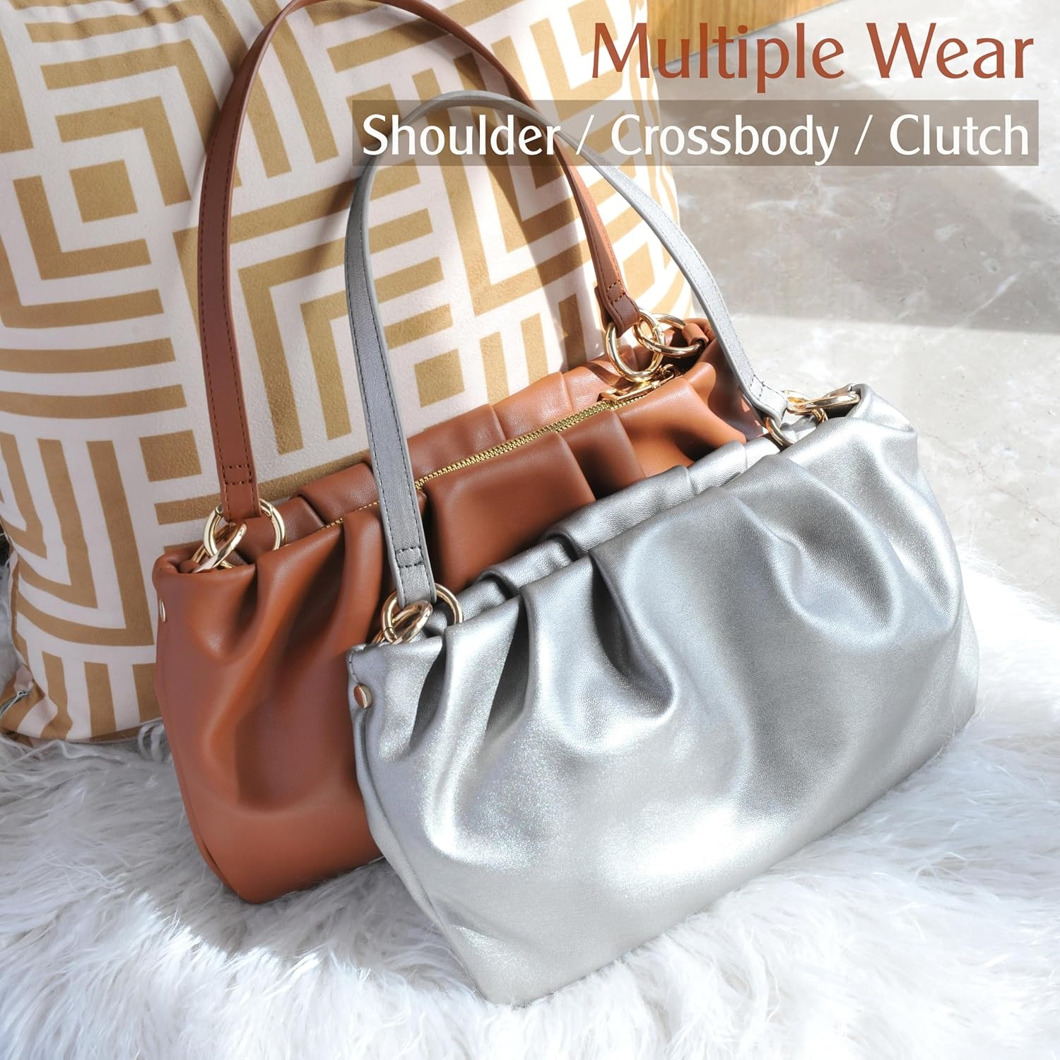 image:imageWomen Ruched Shoulder Handbag Cloud Pouch Hobo Bag Convertible Clutch Soft Vegan Leather Cross body BagSilver