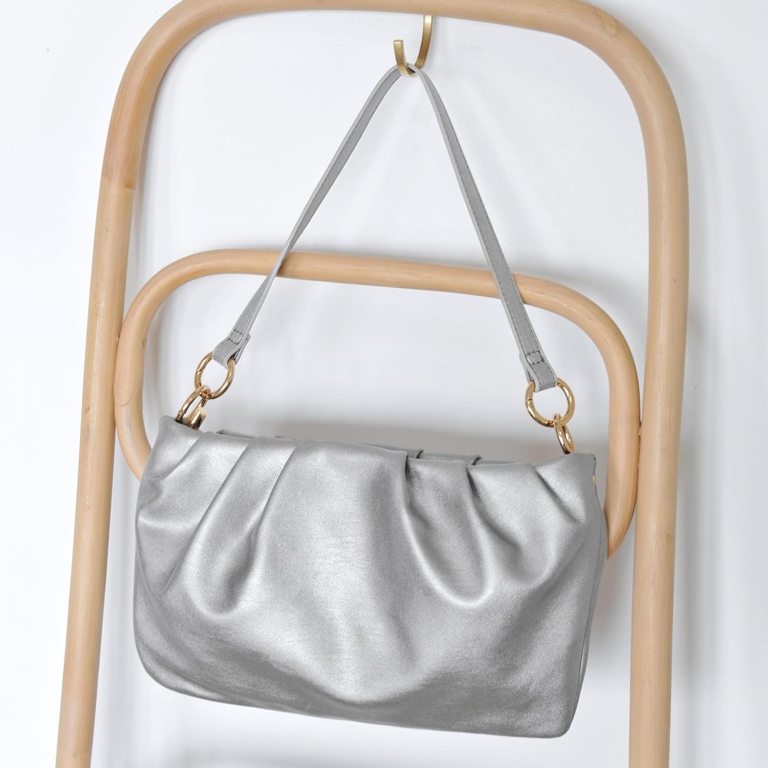 image:imageWomen Ruched Shoulder Handbag Cloud Pouch Hobo Bag Convertible Clutch Soft Vegan Leather Cross body BagSilver