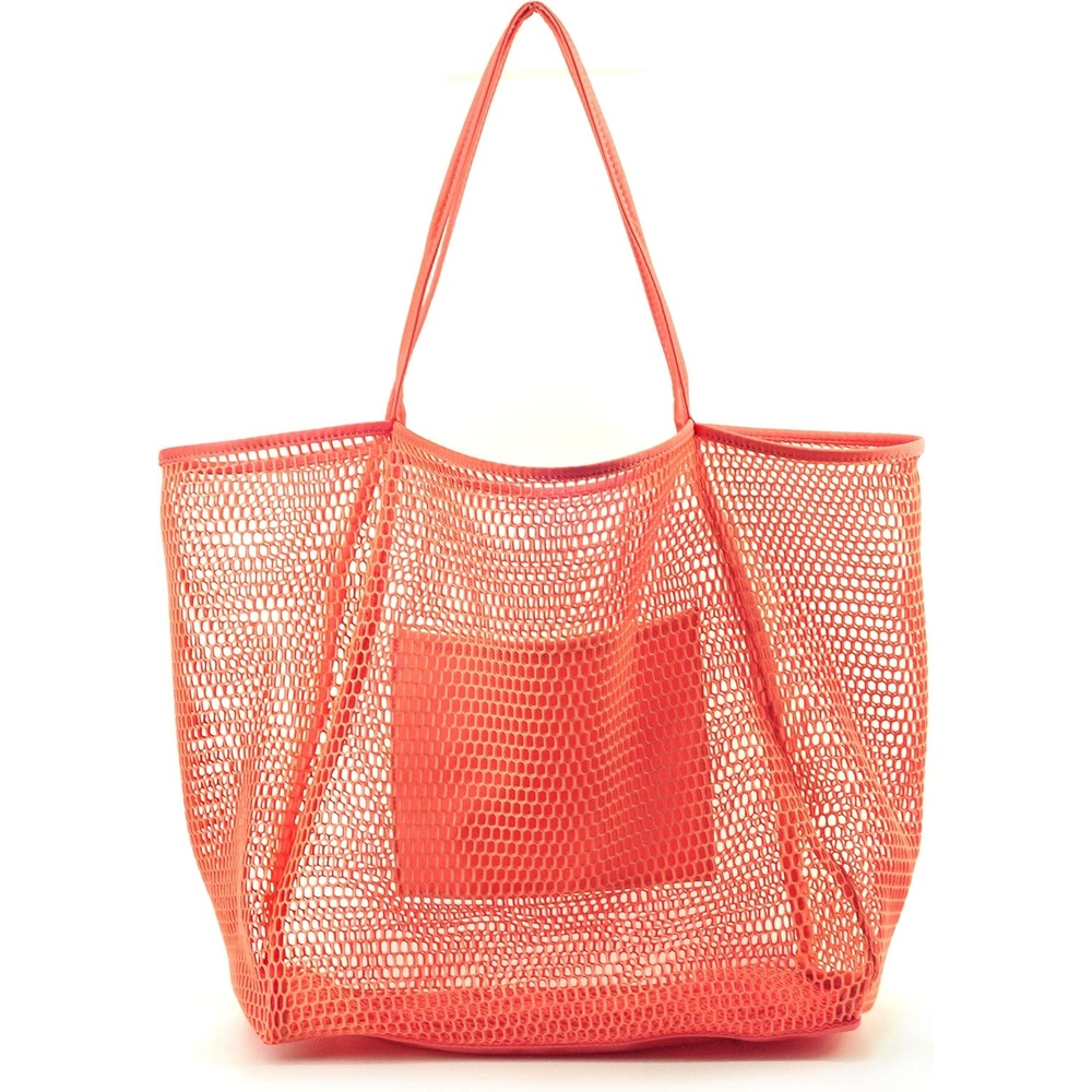 image:imageHOXIS Mesh Beach Tote Womens Shoulder HandbagCoral