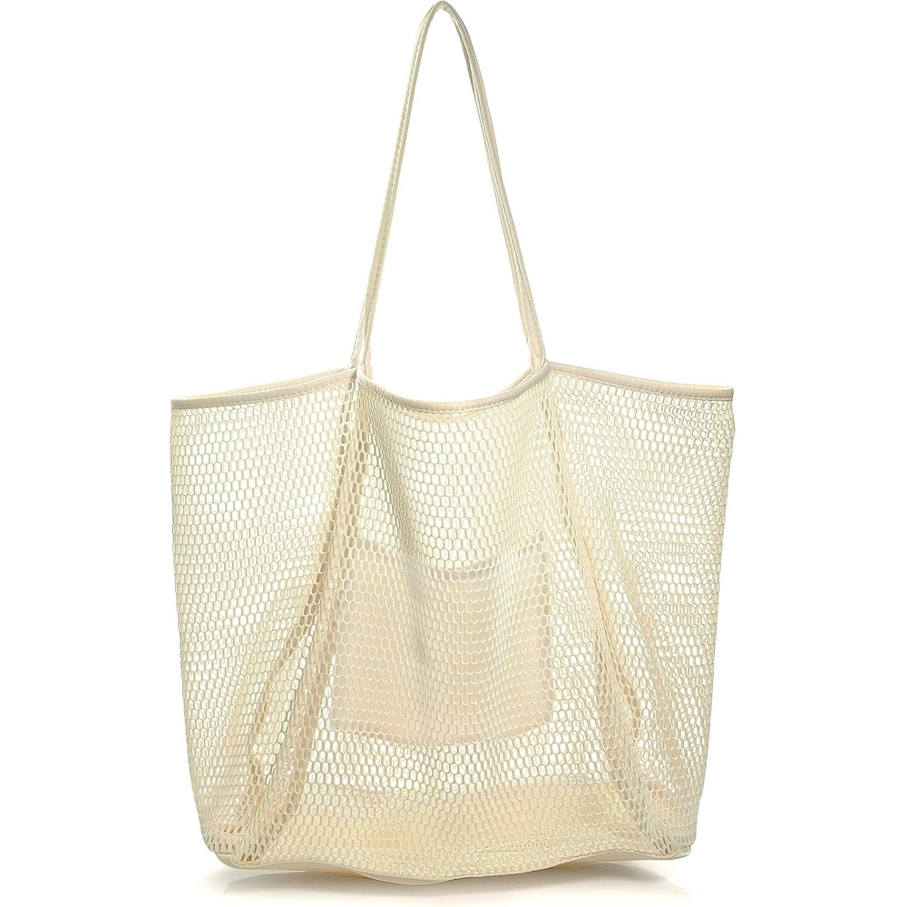 image:imageHOXIS Mesh Beach Tote Womens Shoulder HandbagCreambeige