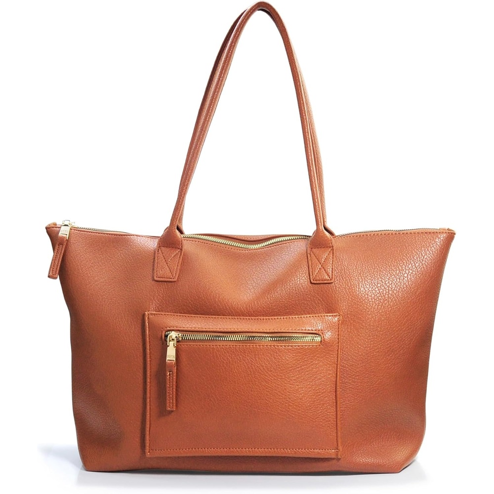 image:imageHOXIS Tote Bag for Women with Zipper Vegan Leather Handbag with Trolley Sleeve Travel Weekender Carryall BagOrangebrown