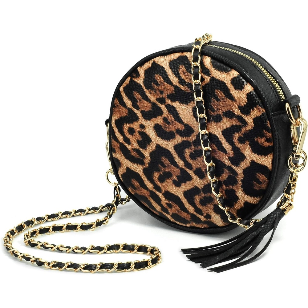 image:imageHOXIS Women Round Crossbody Bag Tassel Circle Purse Chain Shoulder Handbag Clutch WristletLeopard