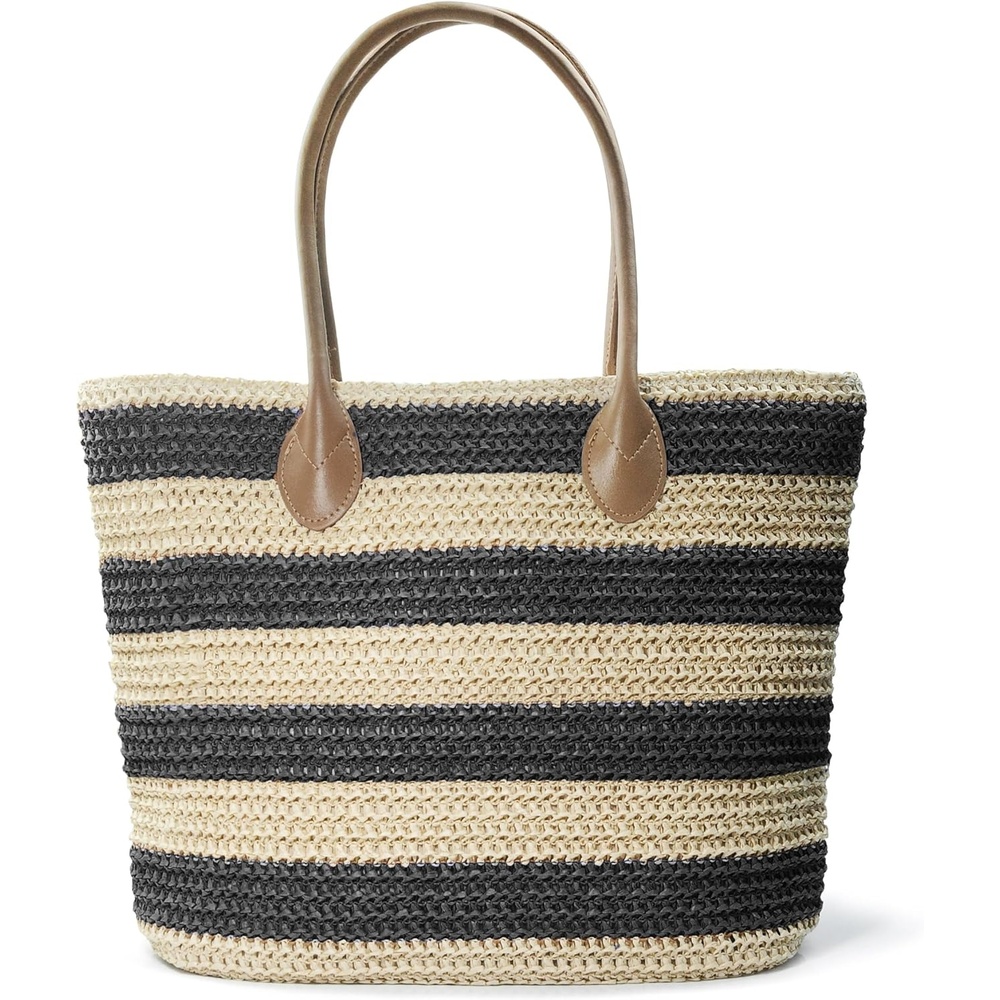 image:imageStriped Synthetic Straw Womens Tote Light Weight Vaction Shoulder HandbagNew Black