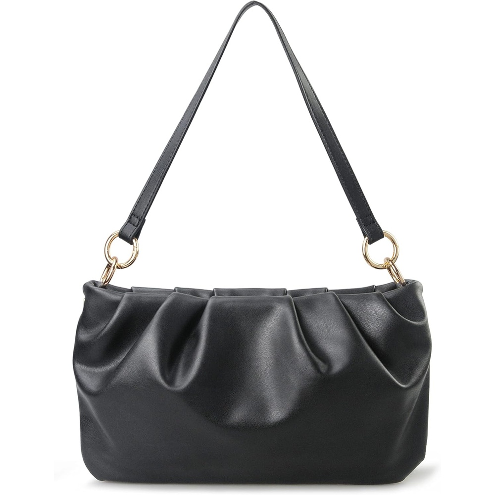 image:imageWomen Ruched Shoulder Handbag Cloud Pouch Hobo Bag Convertible Clutch Soft Vegan Leather Cross body BagBlack