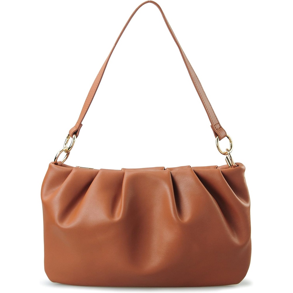 image:imageWomen Ruched Shoulder Handbag Cloud Pouch Hobo Bag Convertible Clutch Soft Vegan Leather Cross body BagBrown