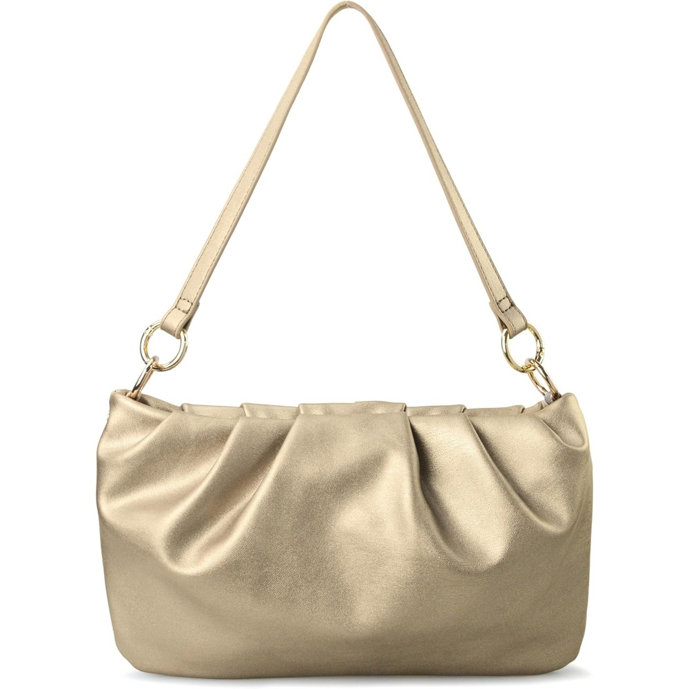 image:imageWomen Ruched Shoulder Handbag Cloud Pouch Hobo Bag Convertible Clutch Soft Vegan Leather Cross body BagGolden