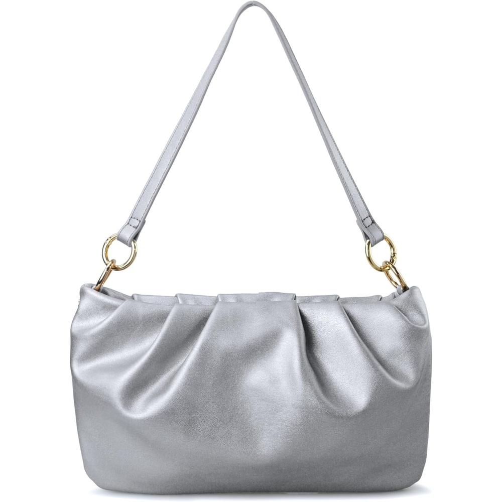 image:imageWomen Ruched Shoulder Handbag Cloud Pouch Hobo Bag Convertible Clutch Soft Vegan Leather Cross body BagSilver
