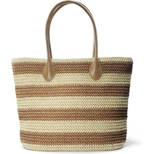 image:imageStriped Synthetic Straw Womens Tote Light Weight Vaction Shoulder HandbagBrown