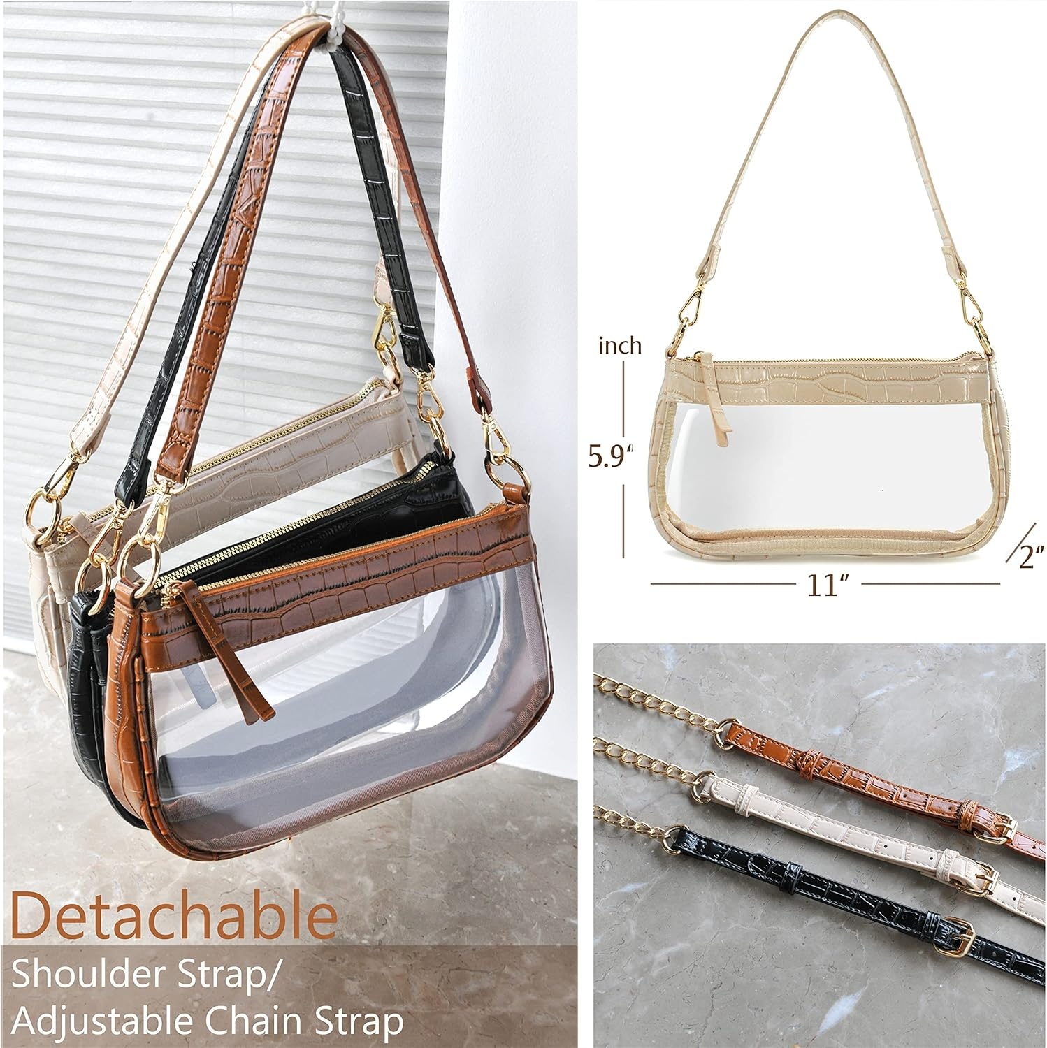 image:imageClear Shoulder Handbag PVC Classic 90s Purse Women Vegan Leather Crocodile Crossbody BagBeige