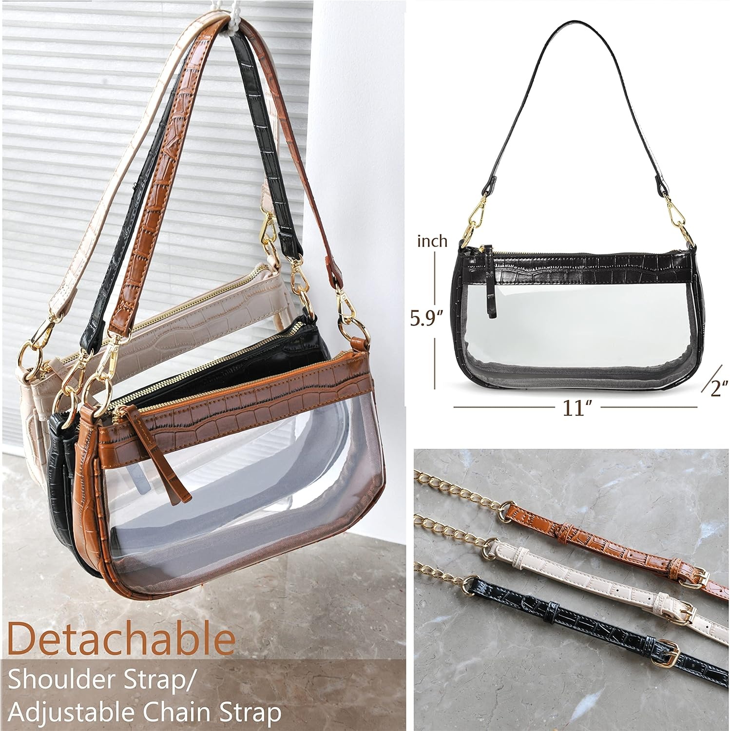 image:imageClear Shoulder Handbag PVC Classic 90s Purse Women Vegan Leather Crocodile Crossbody BagBlack