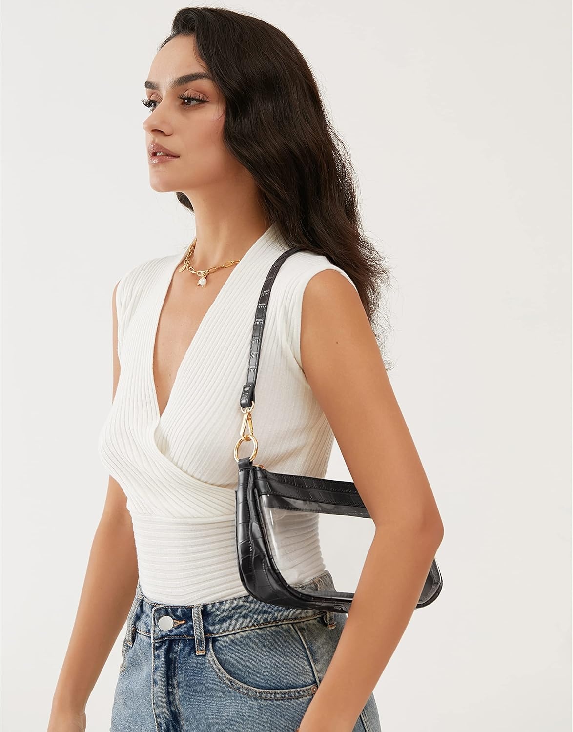 image:imageClear Shoulder Handbag PVC Classic 90s Purse Women Vegan Leather Crocodile Crossbody BagBlack